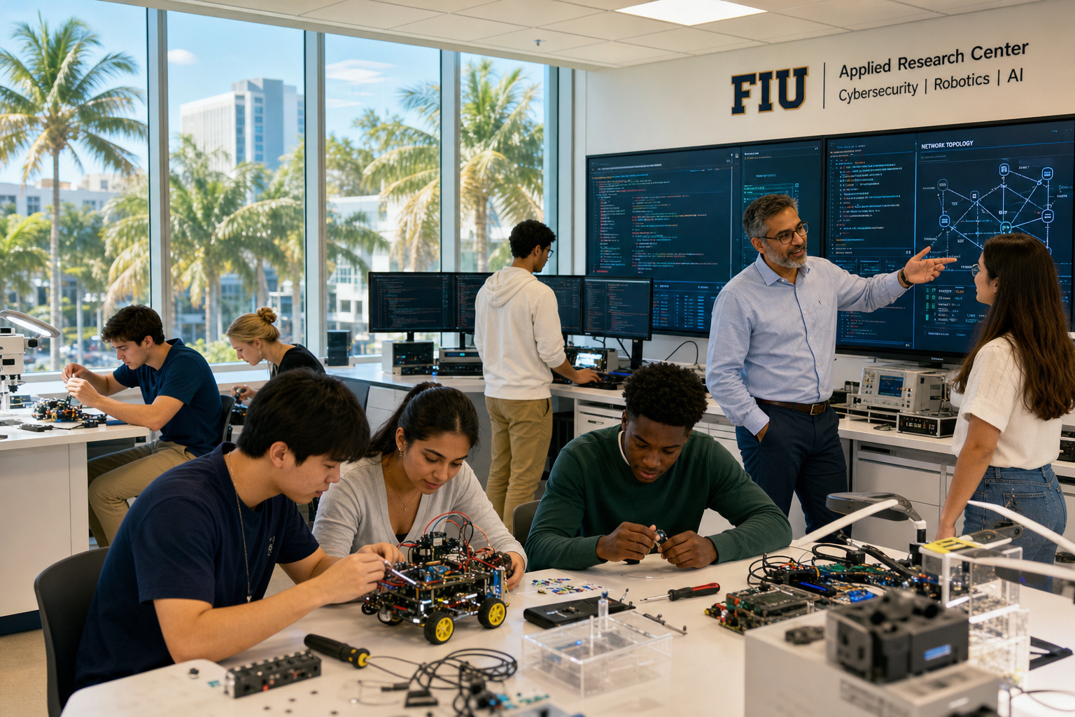 Students collaborating in a technology and cybersecurity learning environment